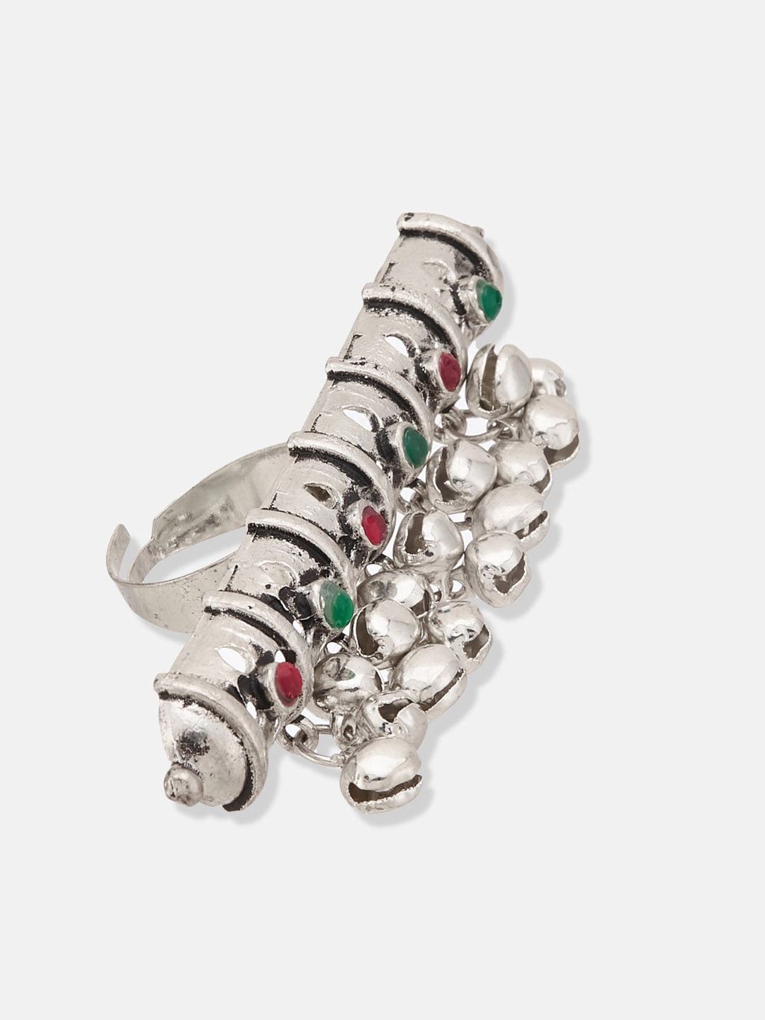 ATIBELLE German Silver-Plated Stone-Studded & Beaded Adjustable Finger Ring