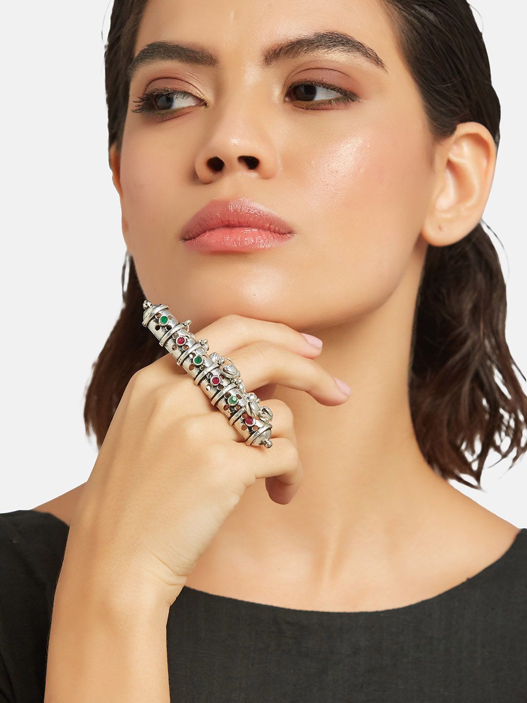 ATIBELLE German Silver-Plated Stone-Studded & Beaded Adjustable Finger Ring