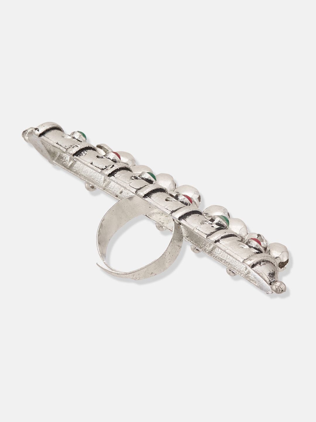ATIBELLE German Silver-Plated Stone-Studded & Beaded Adjustable Finger Ring