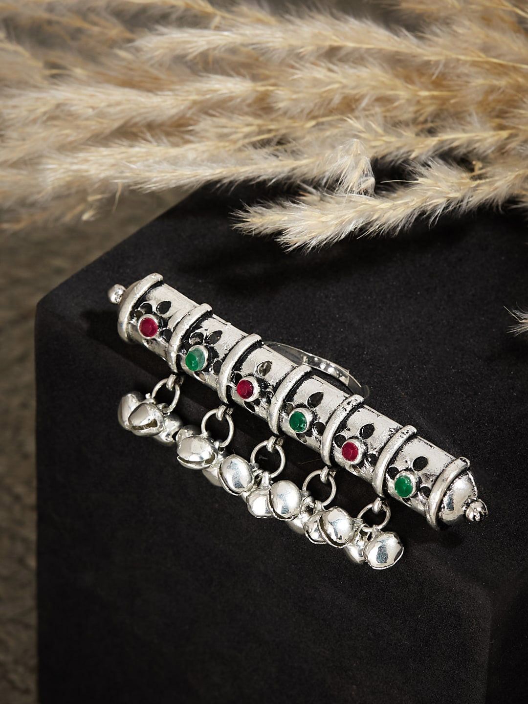 ATIBELLE German Silver-Plated Stone-Studded & Beaded Adjustable Finger Ring