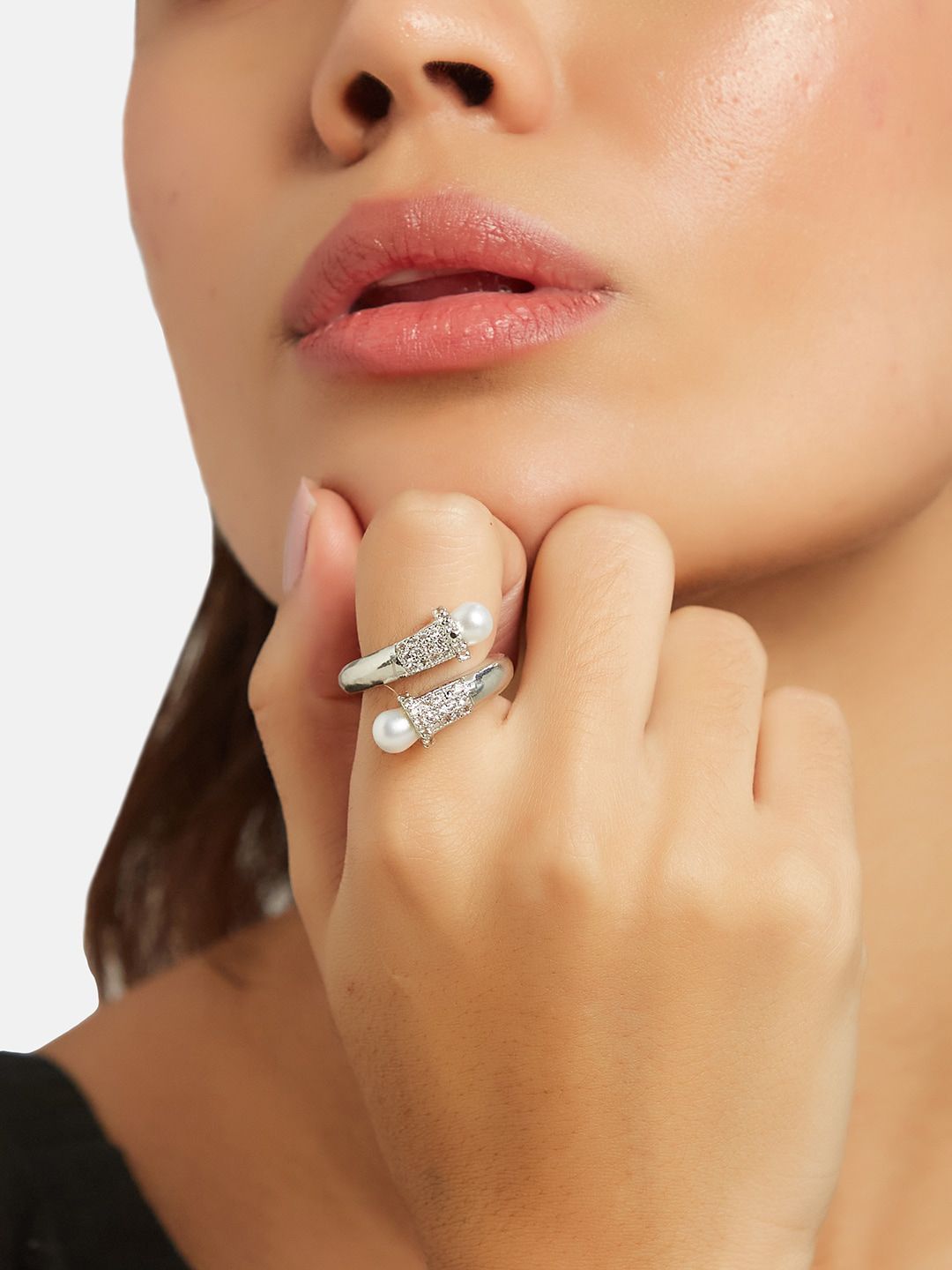 ATIBELLE Silver Plated & CZ Studded Finger Ring