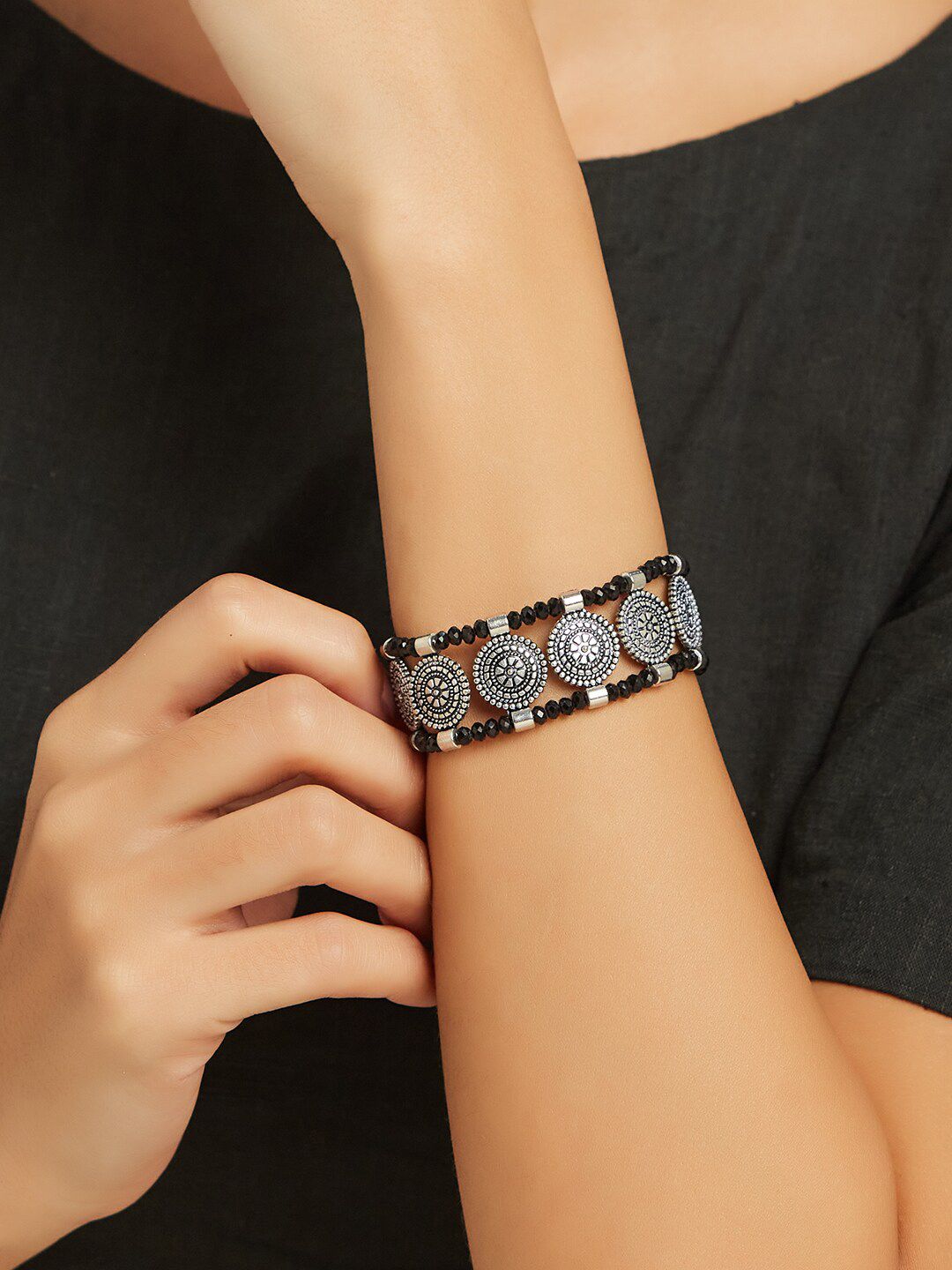 ATIBELLE Silver-Plated Beaded Oxidised Link Bracelet