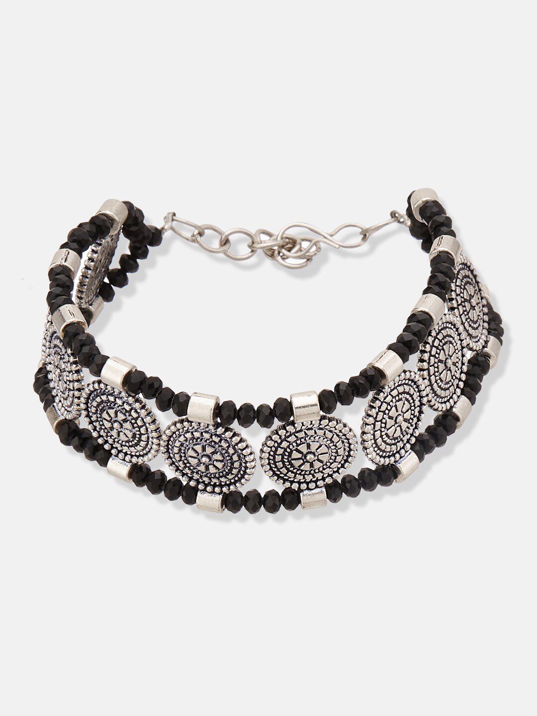 ATIBELLE Silver-Plated Beaded Oxidised Link Bracelet
