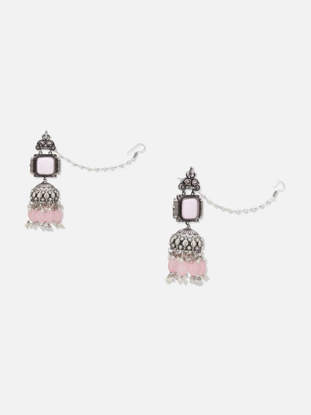 ATIBELLE Silver Plated Stone Studded & Beaded Jhumkas With Ear Chain