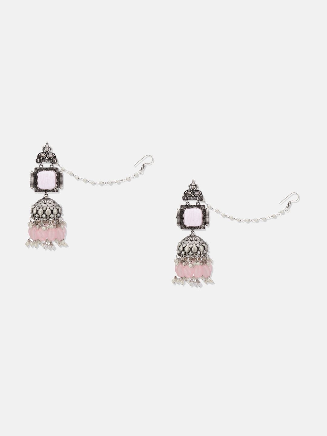 ATIBELLE Silver Plated Stone Studded & Beaded Jhumkas With Ear Chain