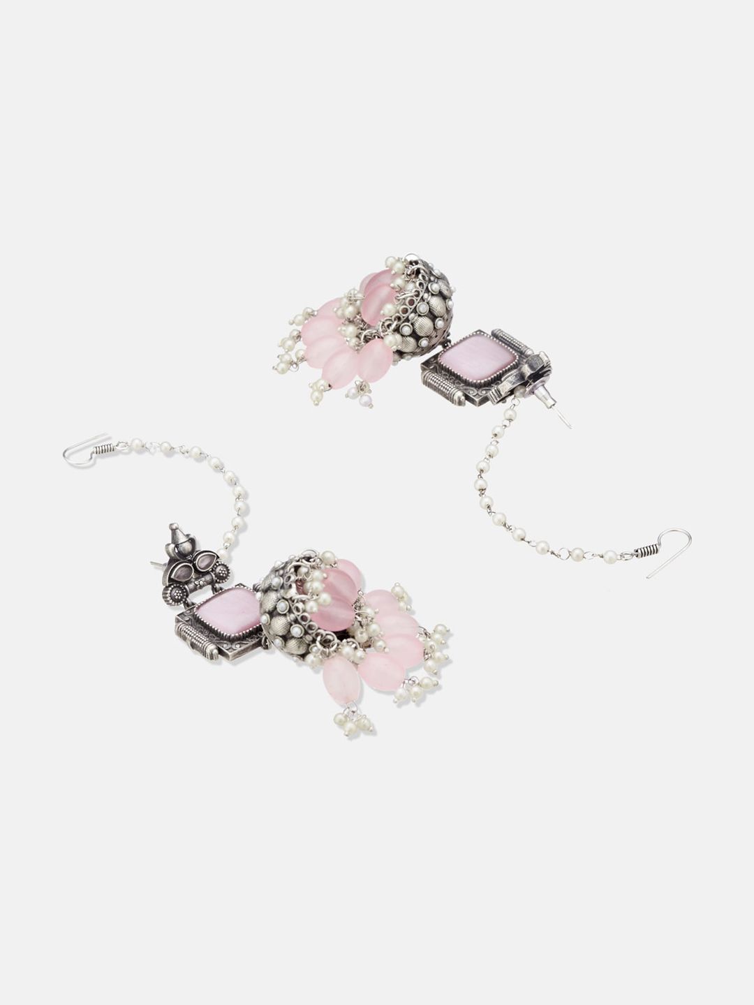 ATIBELLE Silver Plated Stone Studded & Beaded Jhumkas With Ear Chain