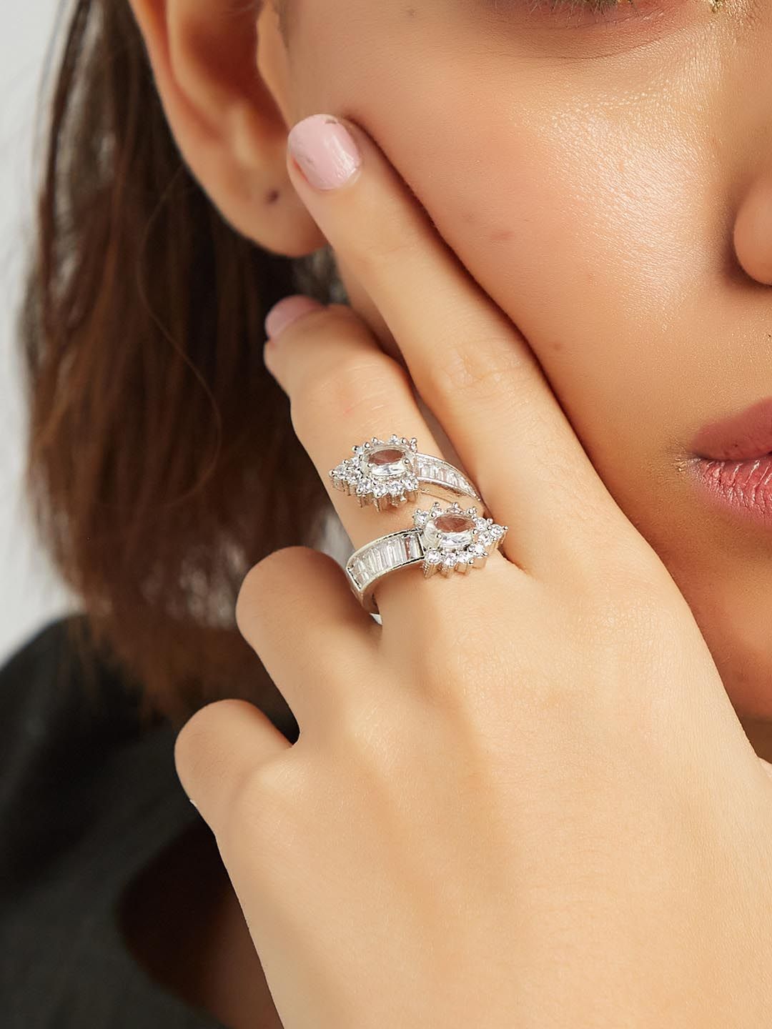 ATIBELLE Silver Plated & CZ Studded Finger Ring