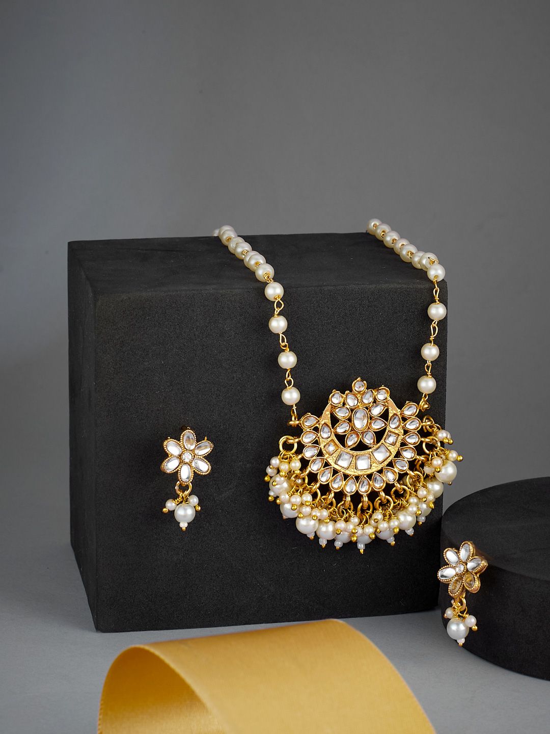 ATIBELLE Gold Plated Kundan Stone Studded & Beaded Necklace And Earrings