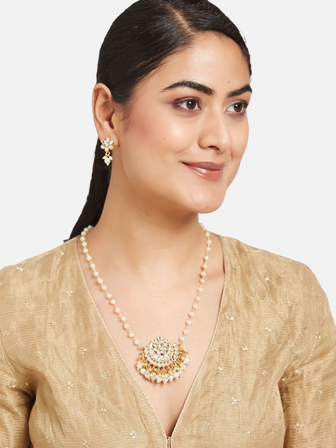ATIBELLE Gold Plated Kundan Stone Studded & Beaded Necklace And Earrings