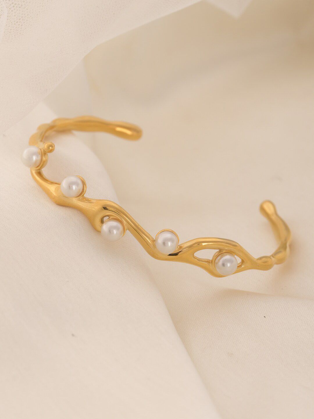 PALMONAS Women Stainless Steel Gold-Plated Beaded Cuff Bracelet