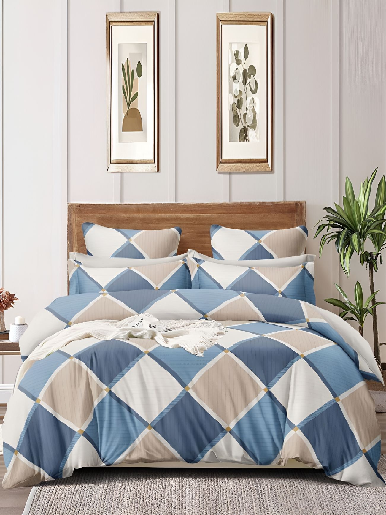 Laying Style Beige & Blue Floral 4 Piece Double King Bedding Set-picture-3