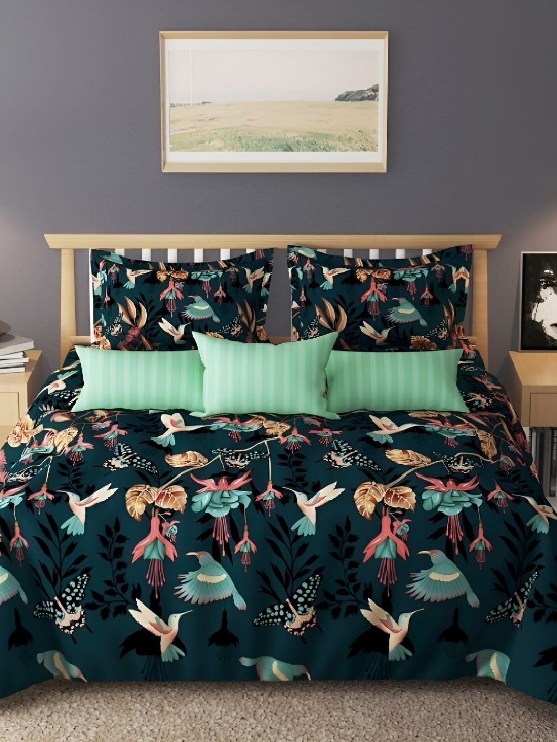 Laying Style Green & Pink 4 Pieces Floral Double King Bedding Set-image-4