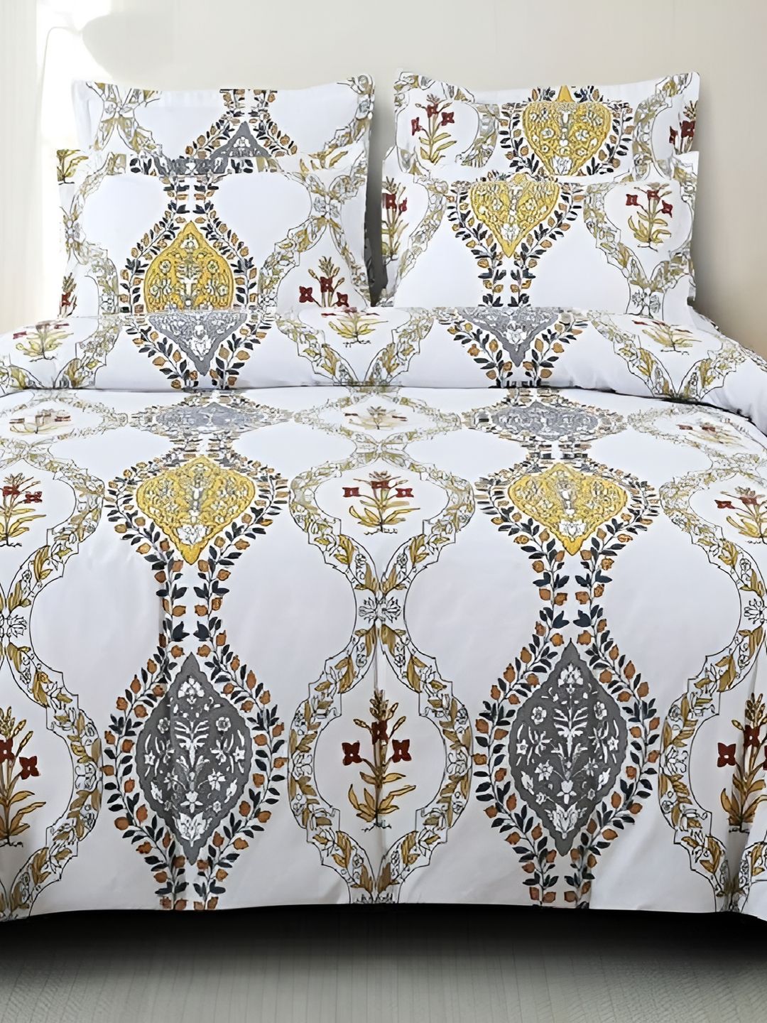 Laying Style White & Yellow 4 Pieces Floral Printed Double King Bedding Set-picture-11