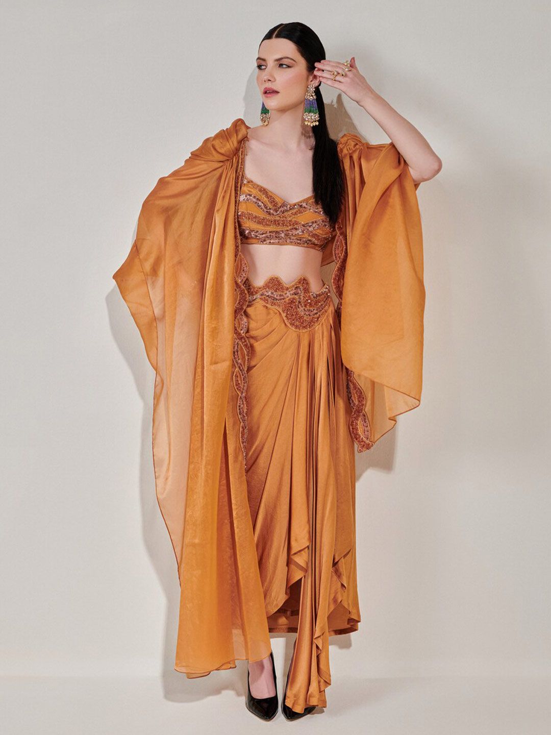 ONE KNOT ONE Embellished Cowl Cape Set With Drape Skirt-image-5
