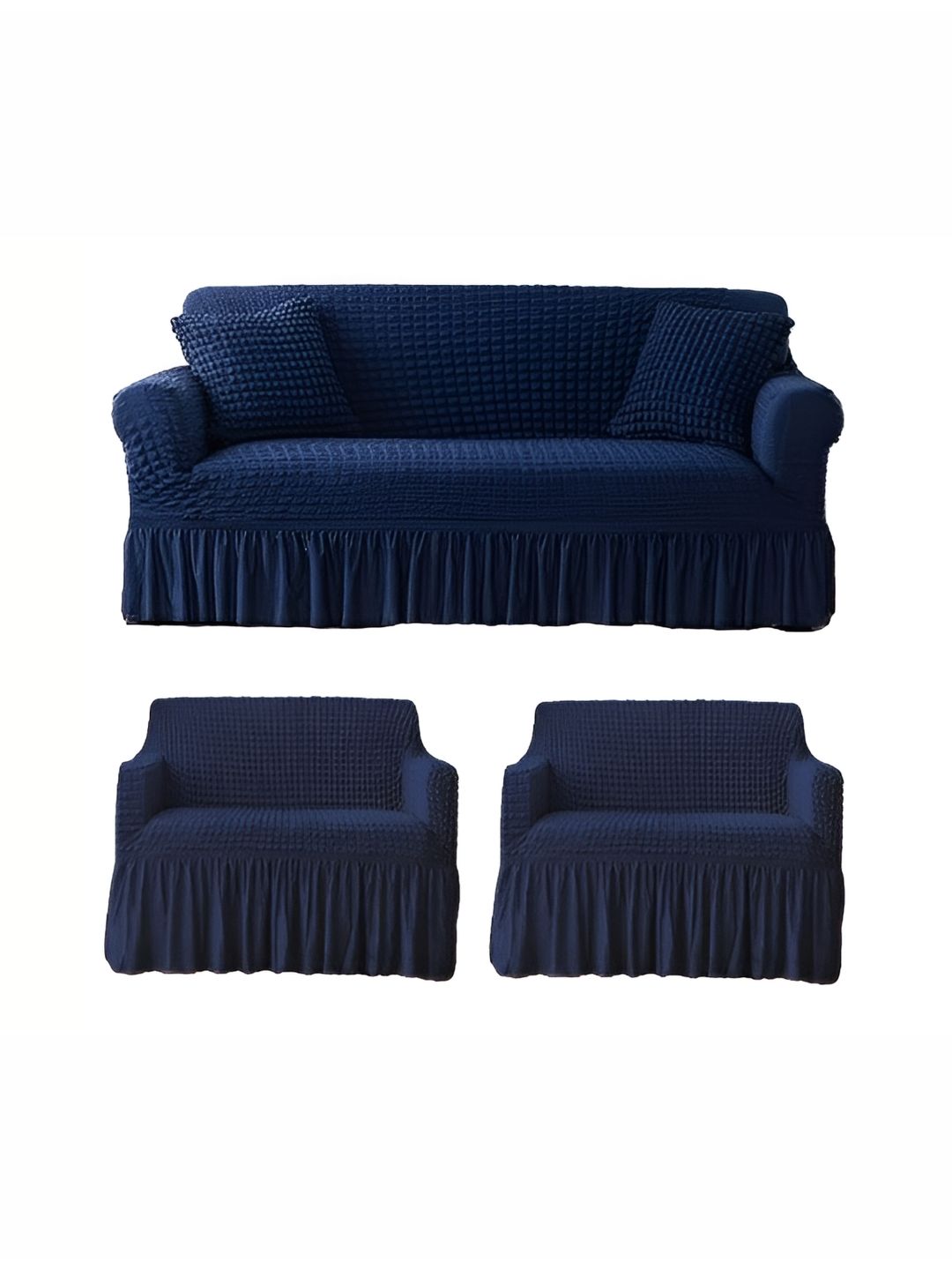 TONY STARK Navy Blue 3 Pieces Textured 5 Seater Sofa Cover With Arms-picture-44