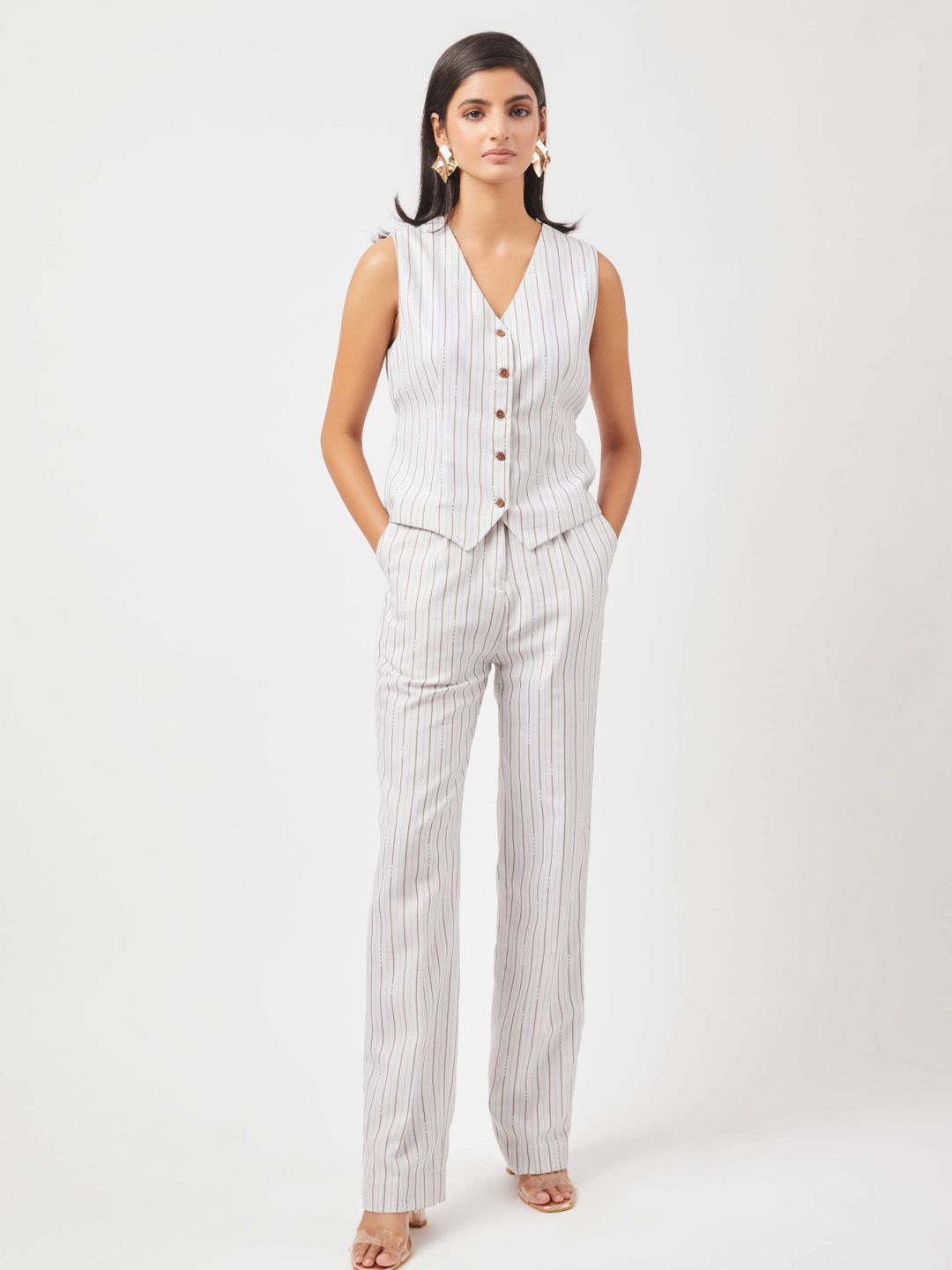 Contemponari Striped V-Neck Woven Waistcoat-picture-42