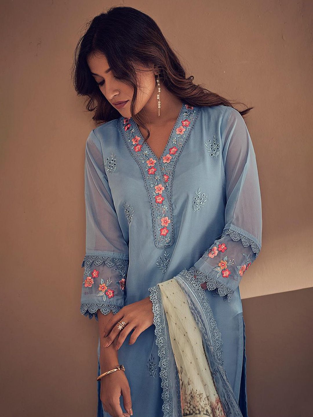Indo Era Blue Floral Embroidered Thread Work Straight Kurta With Trousers & Dupatta