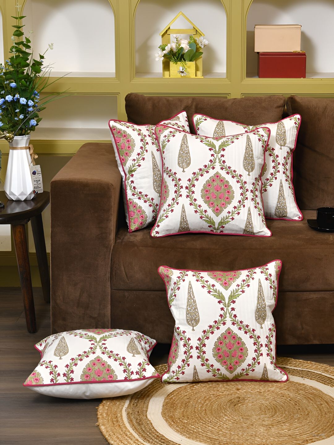 Clasiko White & Pink 5 Pieces Floral Cotton Square Cushion Covers-picture-16