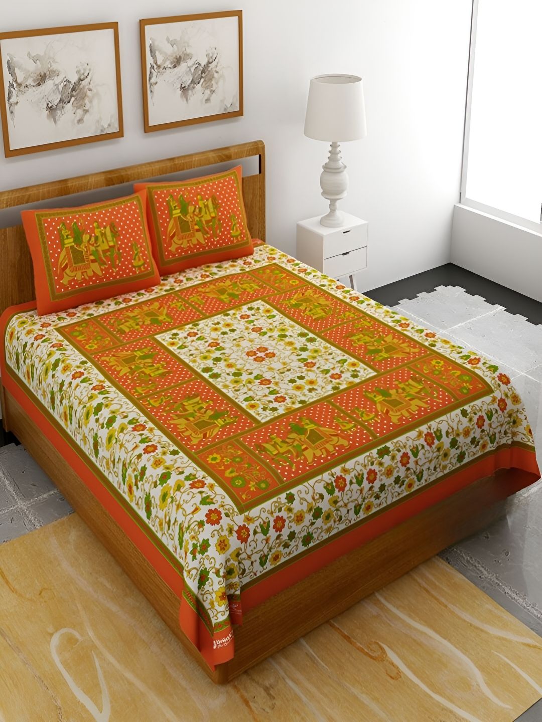 Aura Orange & White Floral Cotton 120 TC Queen Double Bedsheet With 2 Pillow Covers-picture-37