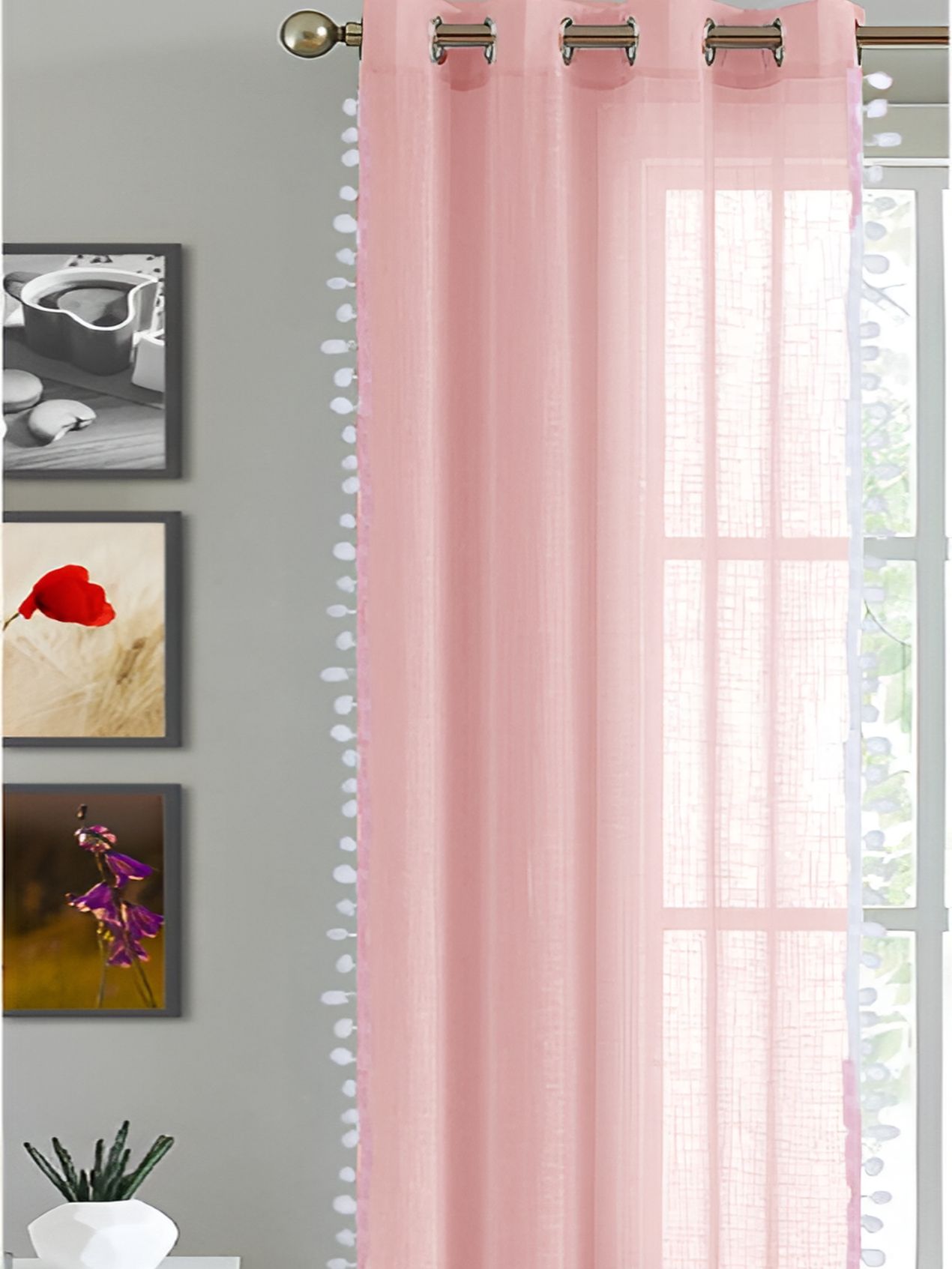 HOMEMONDE Pink & White Cotton Eyelet Sheer Window Curtain-picture-39