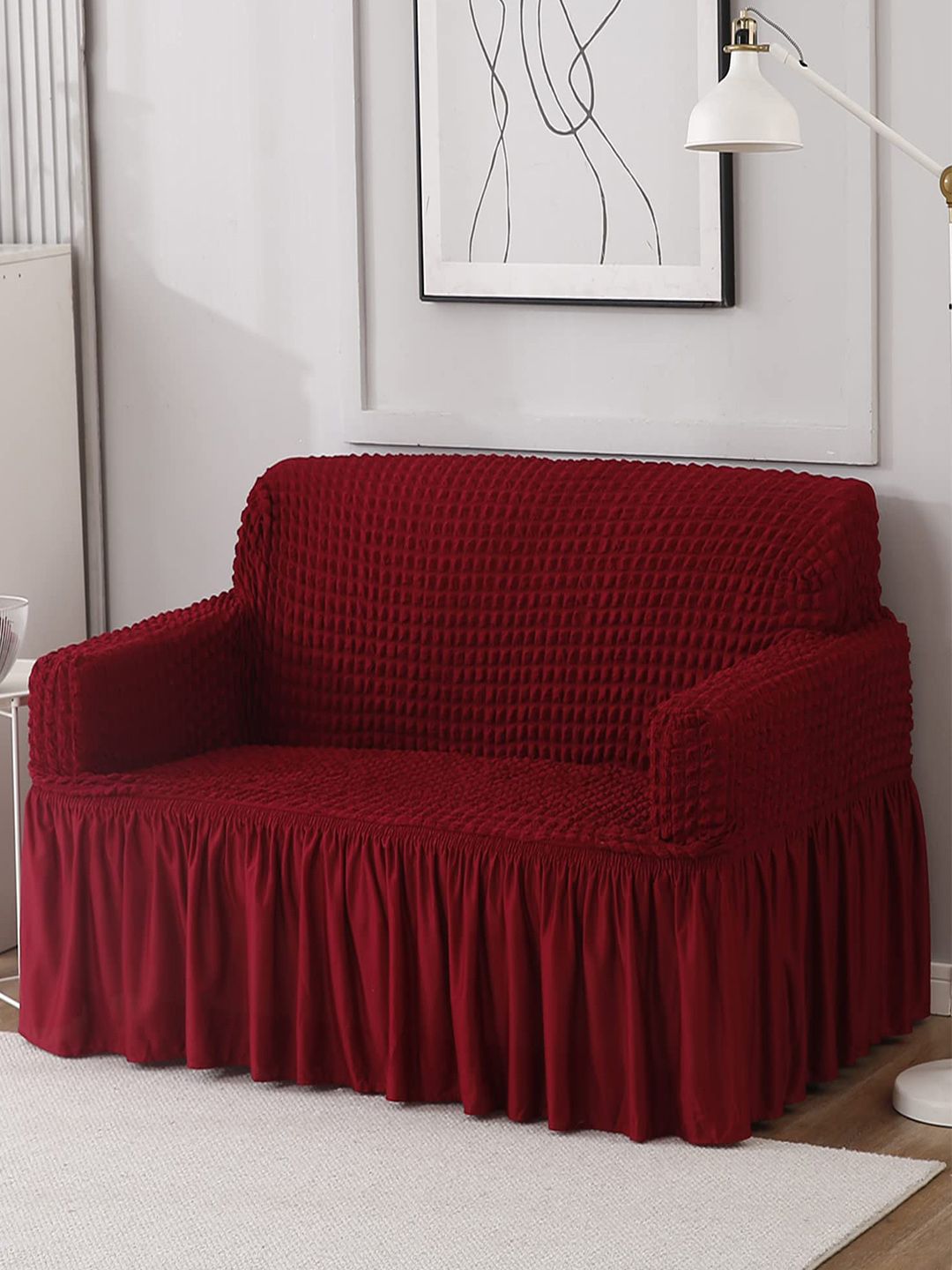 HOKIPO Red 2 Seater Stretchable Elastic Frilled Sofa Cover-image-4