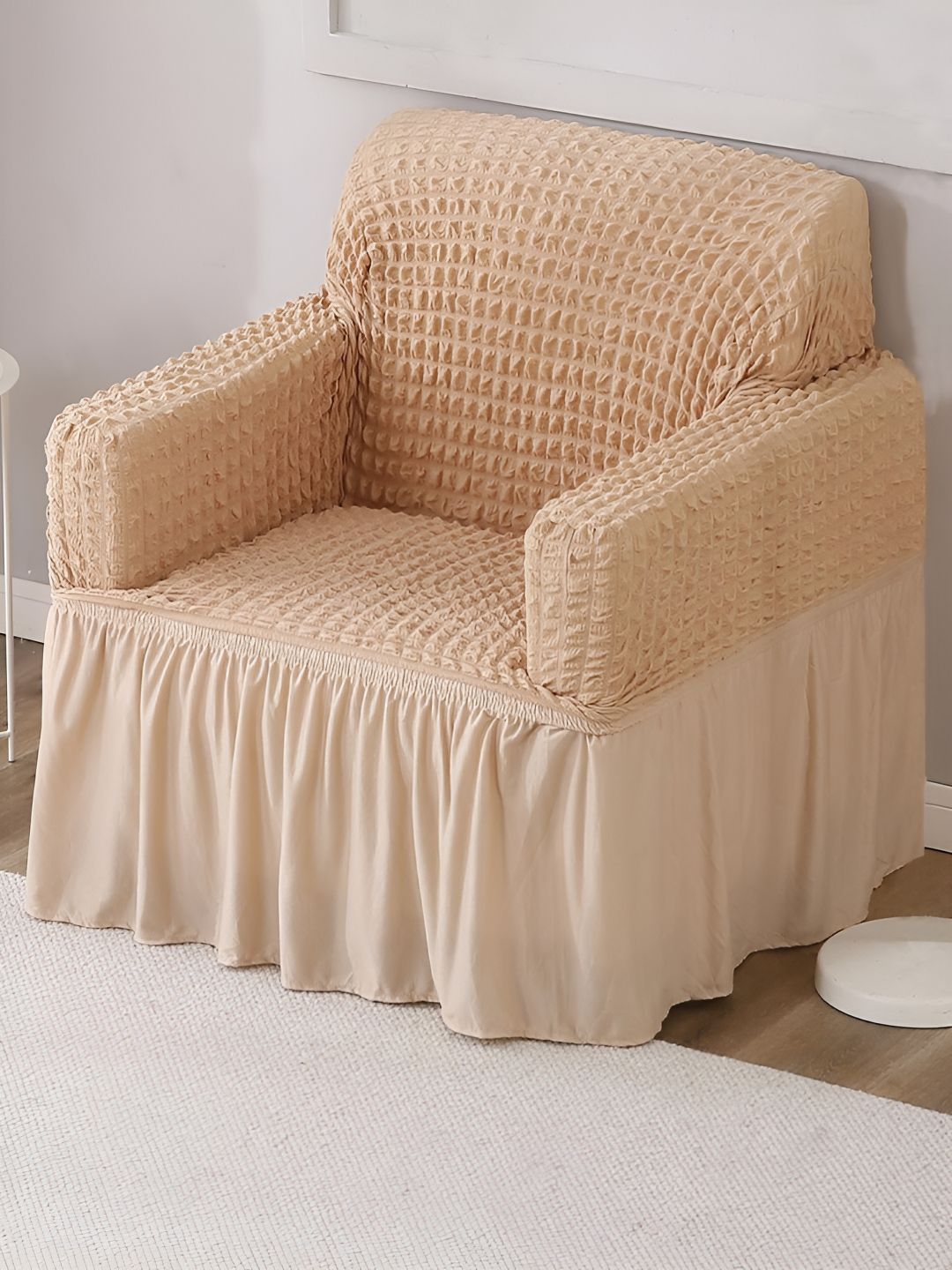 HOKIPO Beige 1 Seater Stretchable Elastic Frilled Sofa Cover-picture-38