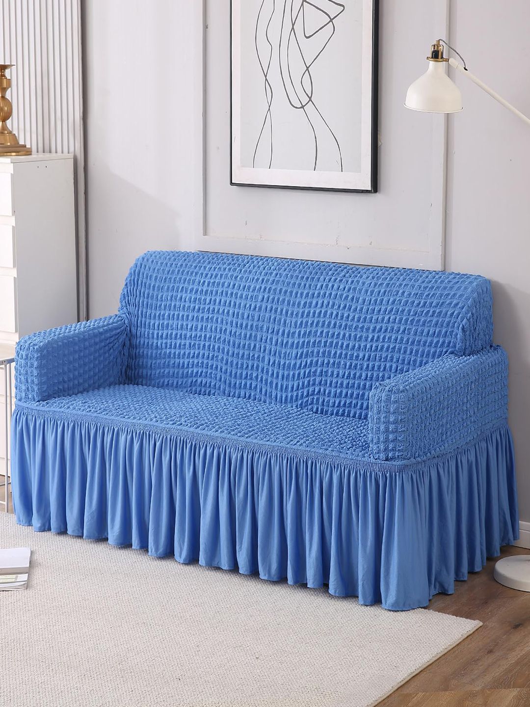 HOKIPO Blue Polyester 3 Seater Stretchable Elastic Frilled Sofa Cover-image-24