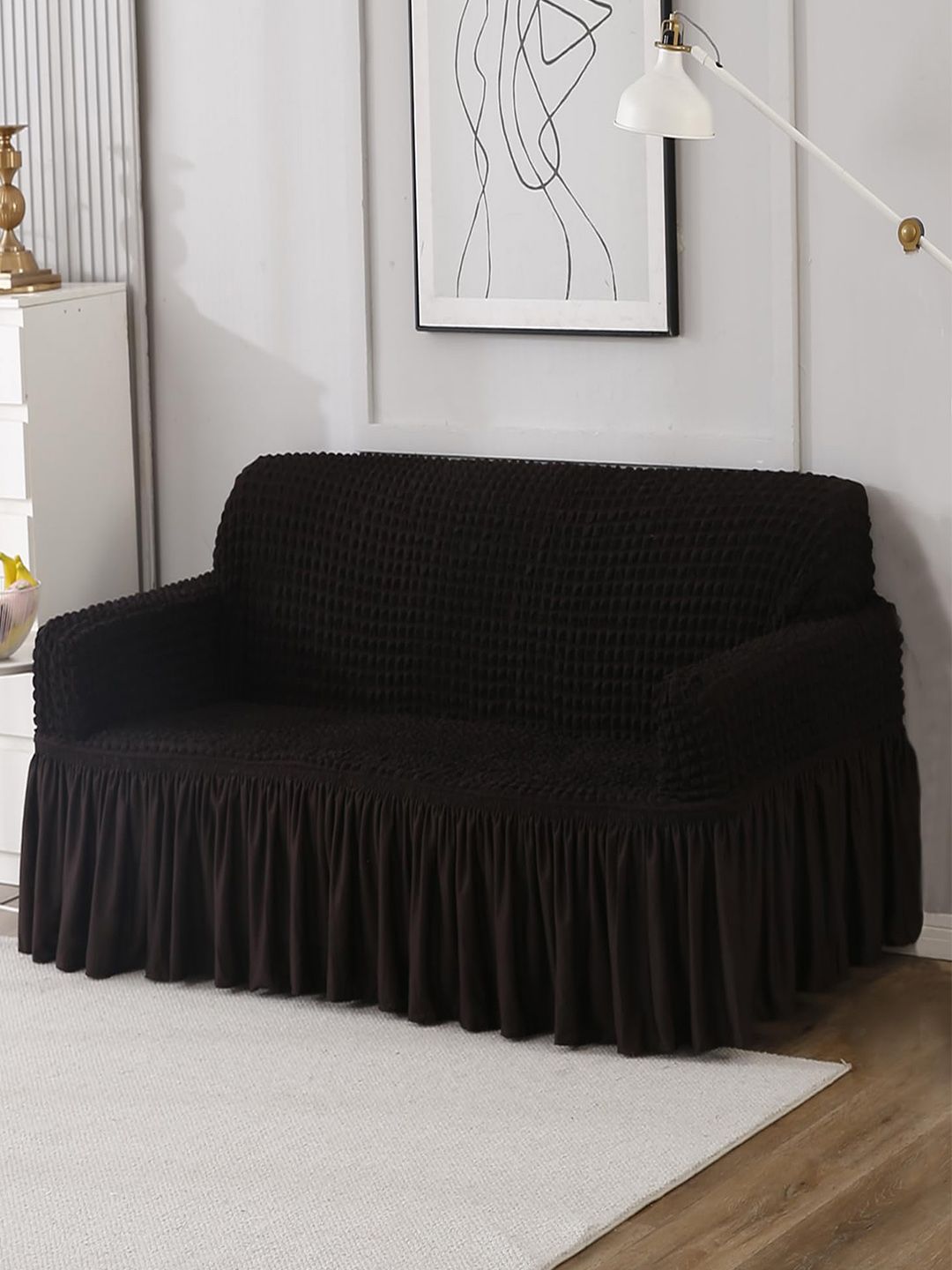 HOKIPO Coffee Brown 3 Seater Stretchable Elastic Frilled Sofa Cover-picture-1