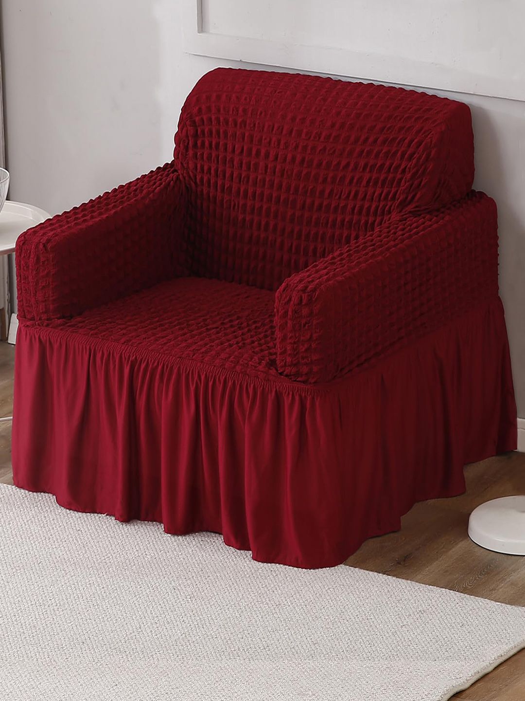 HOKIPO Red Stretchable Bubble Frill Sofa Cover With Arms-image-26