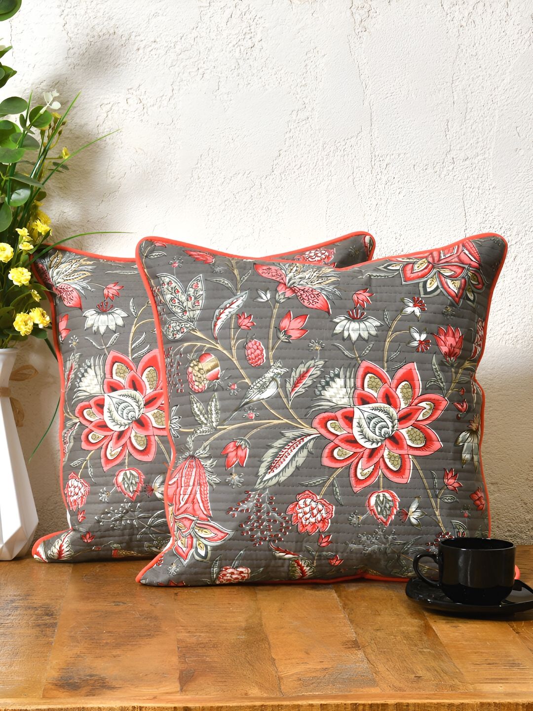 Clasiko Grey & Pink 2 Pcs Floral Square Cushion Covers-picture-25