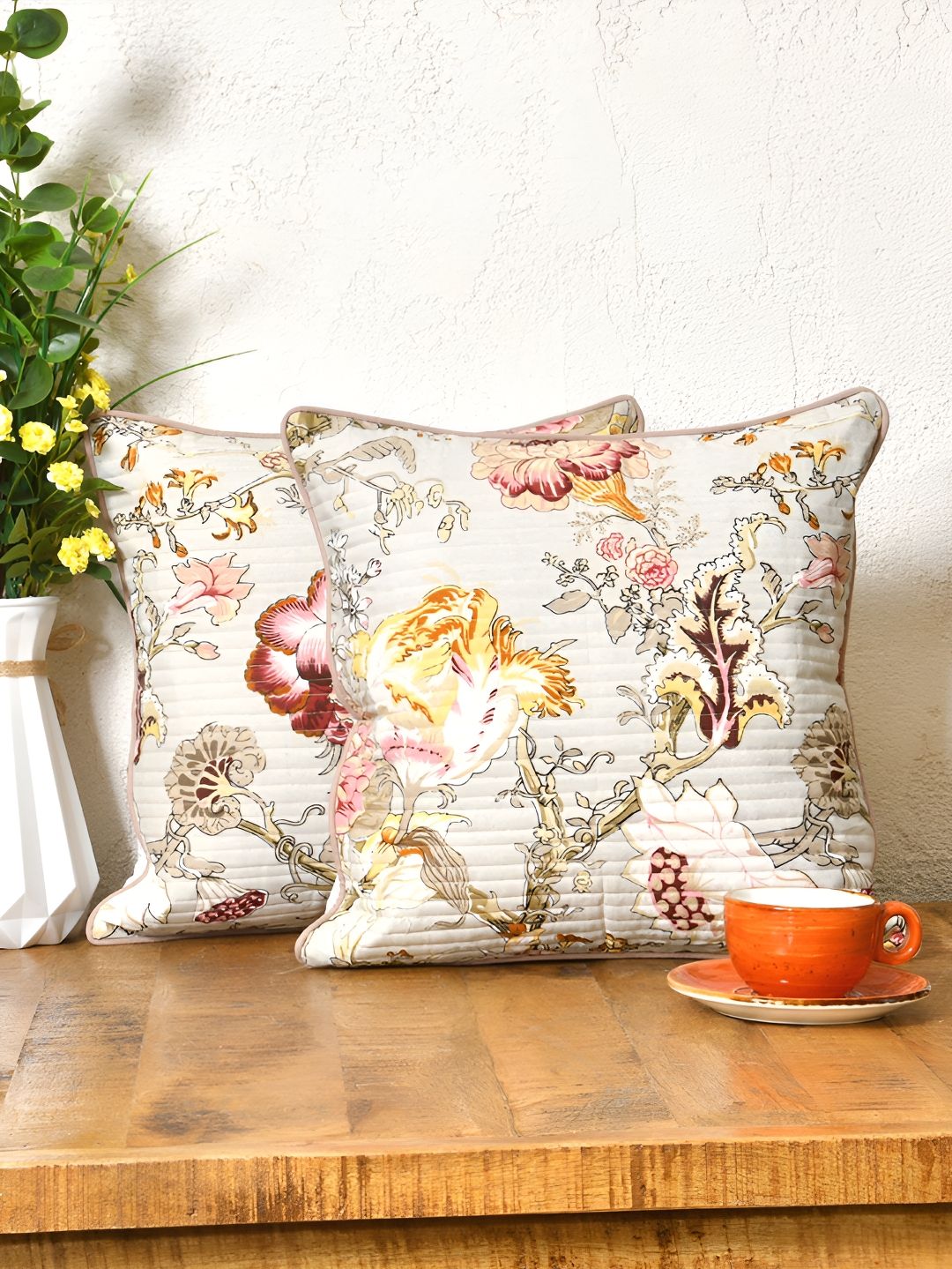 Clasiko Beige & Green 2 Pieces Floral Cotton Square Cushion Covers-picture-11