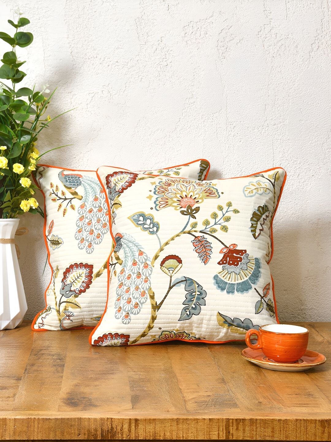 Clasiko White & Blue 2 Pcs Floral Square Cushion Covers-image-32