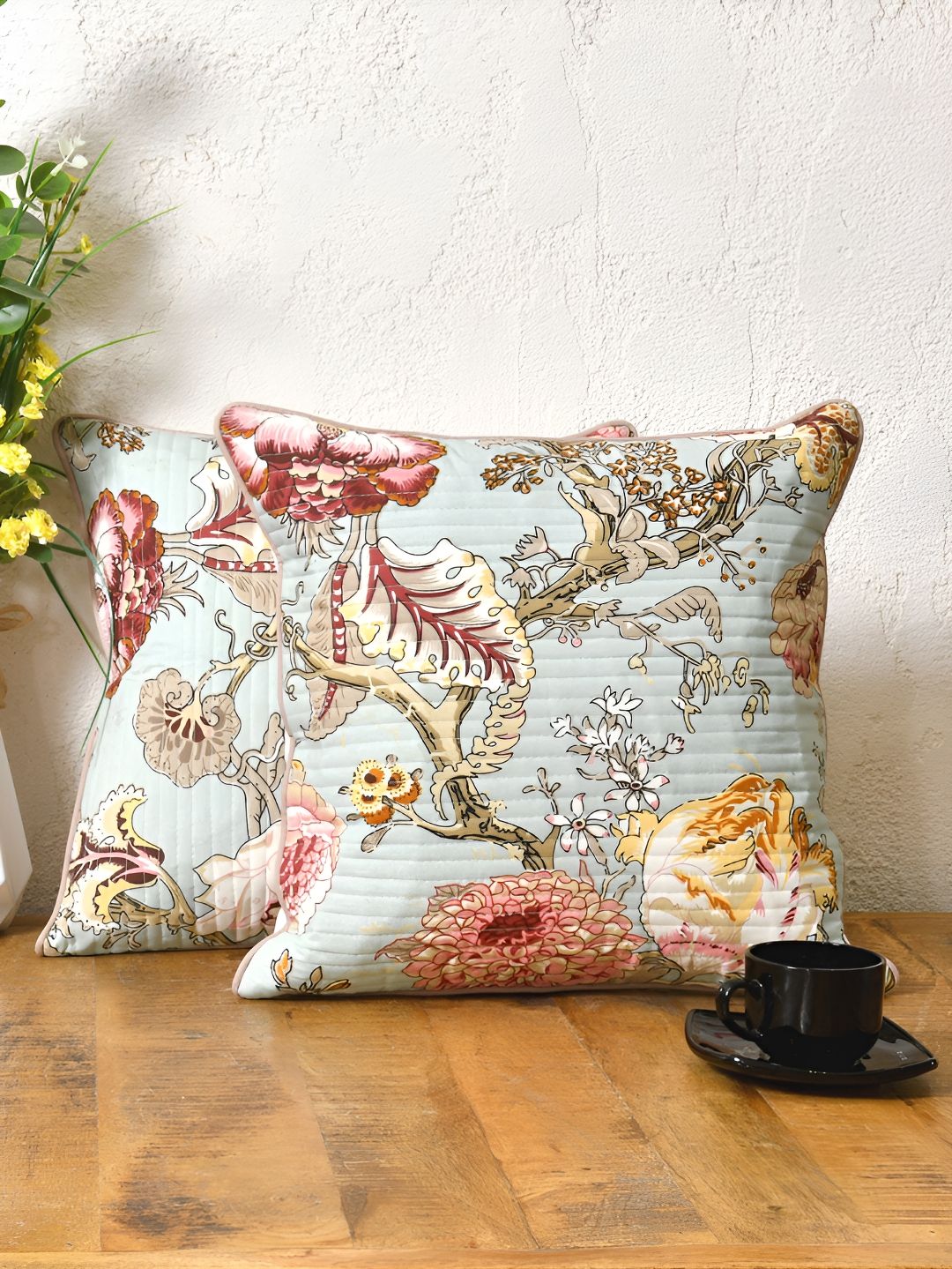 Clasiko Green & White 2 Pieces Floral Cotton Square Cushion Covers-image-18