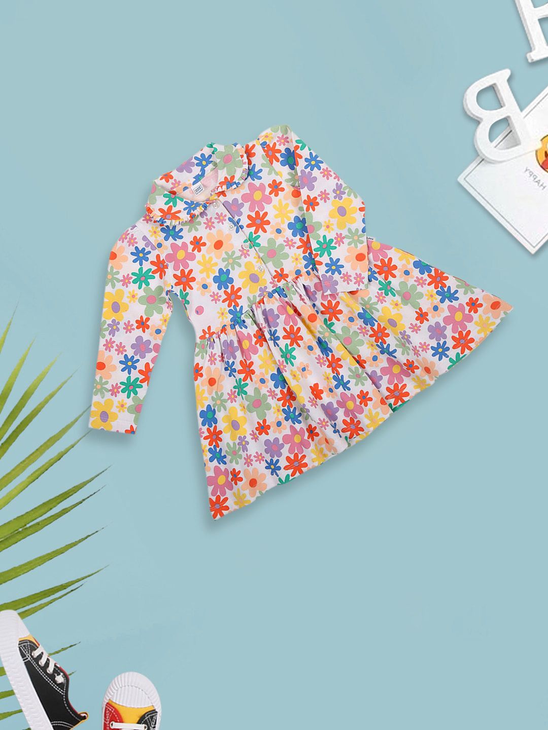 MeeMee Girls Floral Print Shirt Collar Cotton Fit & Flare Dress-picture-54