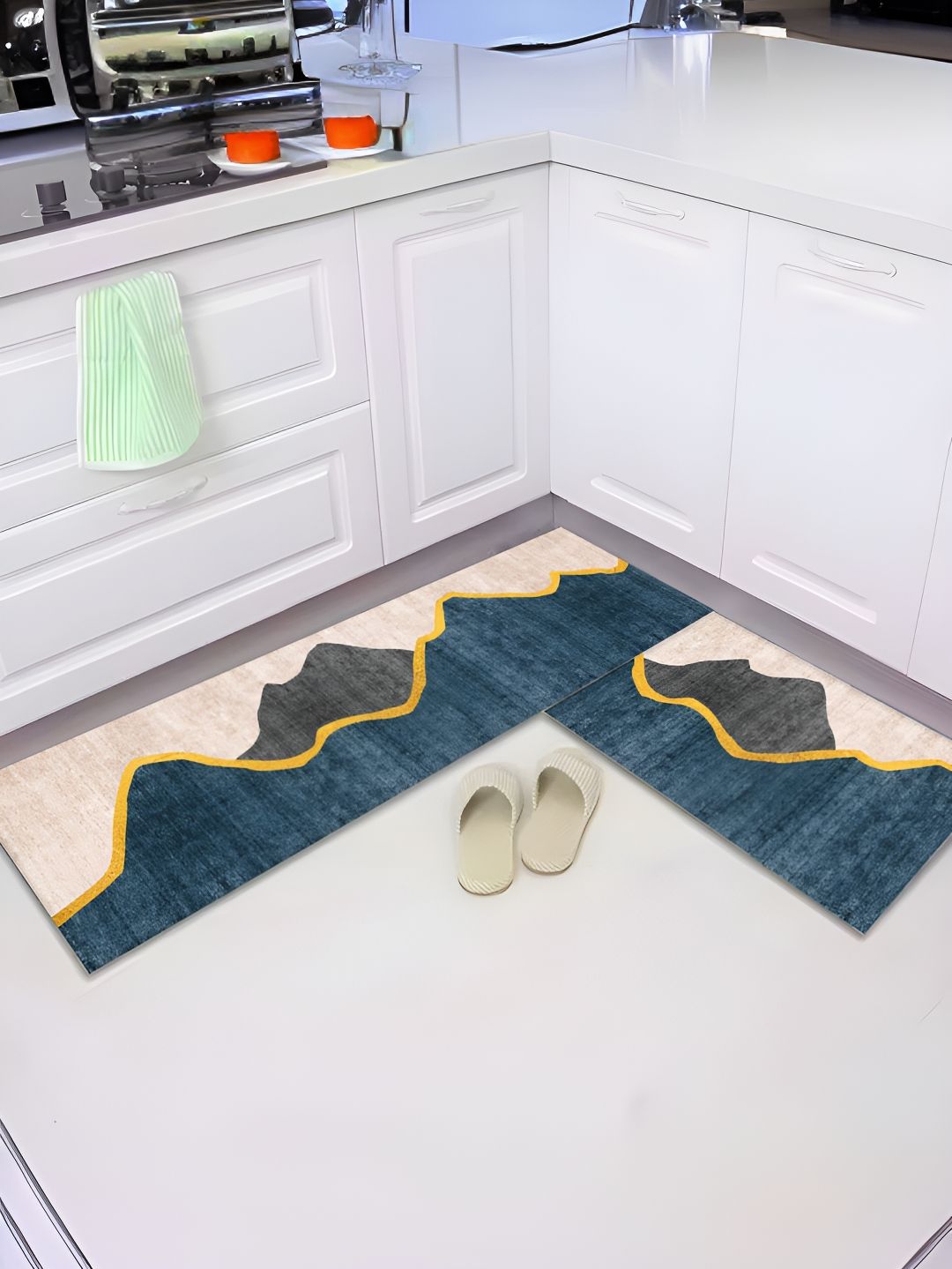 UMAI Blue & Beige 2 Pcs Printed Anti Skid & Quick Drying Rectangular Kitchen Mats-image-17