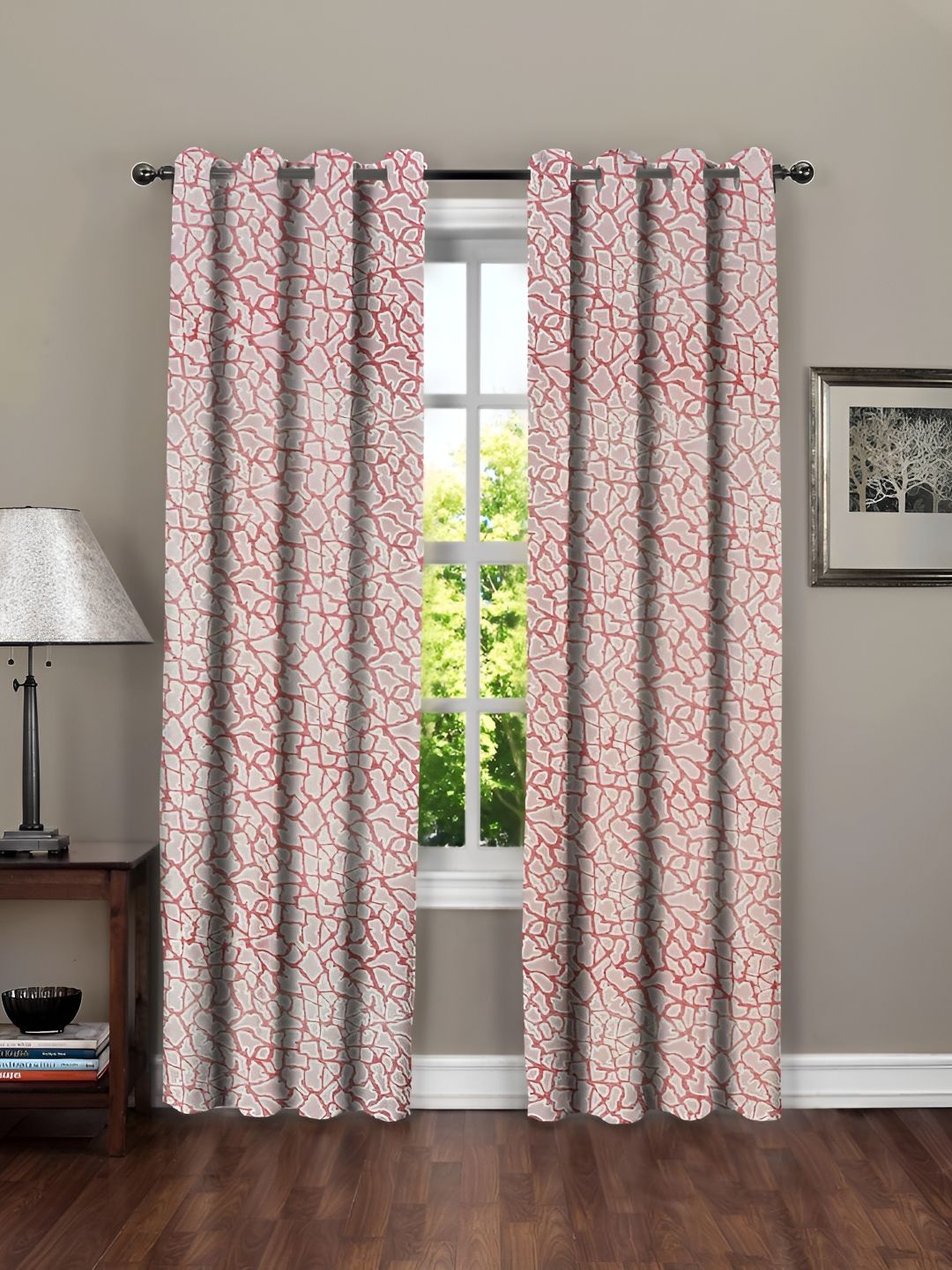 RRC Pink & White 2 Pieces Abstract Printed Microfiber Cotton Room Darkening Door Curtains-picture-34