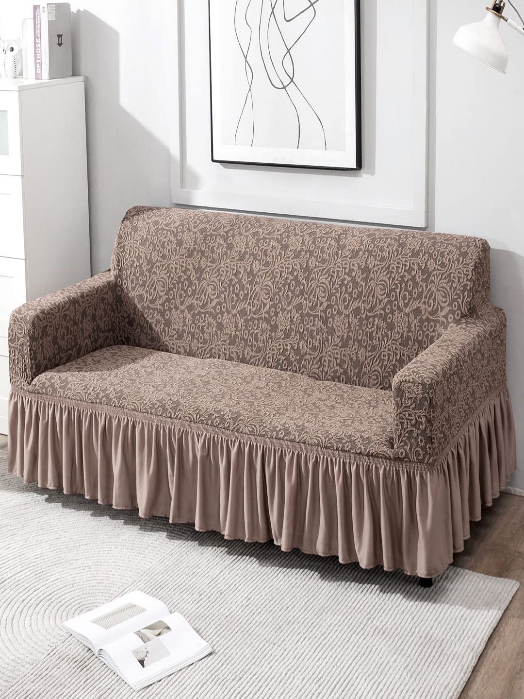 HOKIPO Taupe & Grey Solid Polyester 3 Piece Sofa Cover With Arms-picture-53