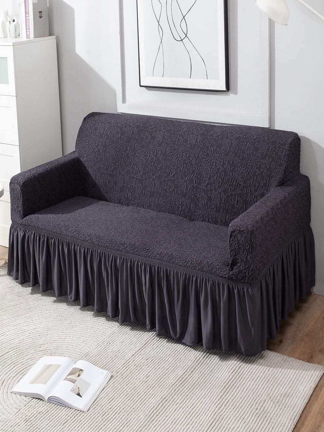 HOKIPO Grey Solid Polyester 3 Piece Sofa Cover With Arms-image-13