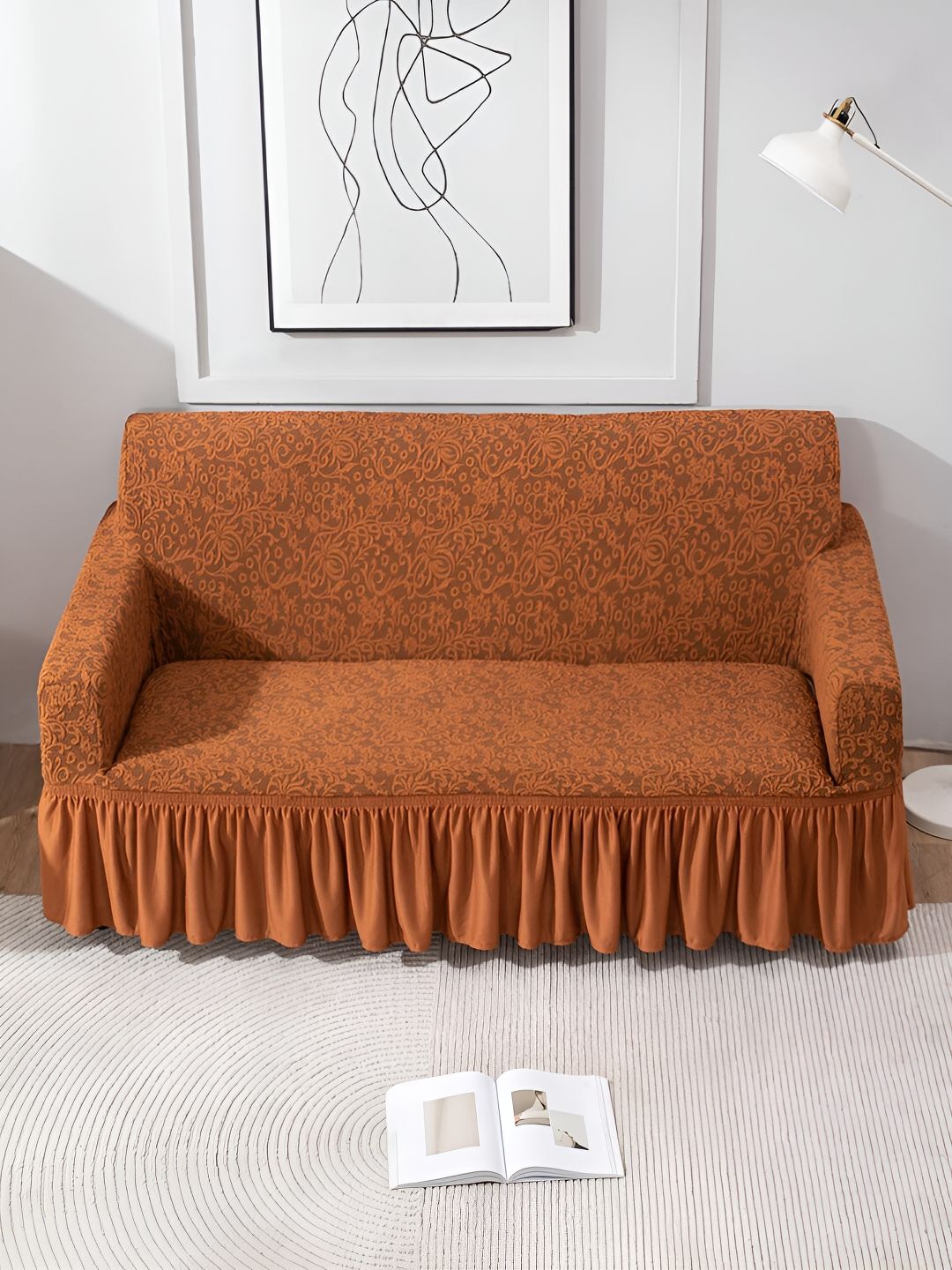 HOKIPO Brown Self Design Stretchable 2 Seater Sofa Cover With Arms-image-18