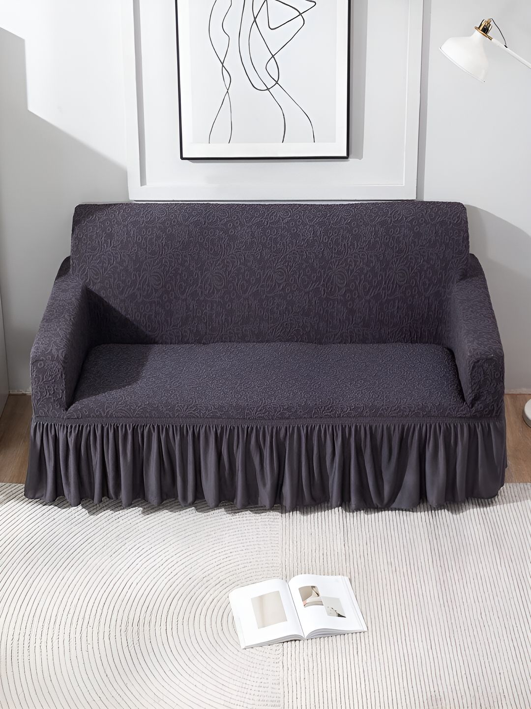 HOKIPO Grey Self Design Stretchable 2 Seater Sofa Cover With Arms-image-29