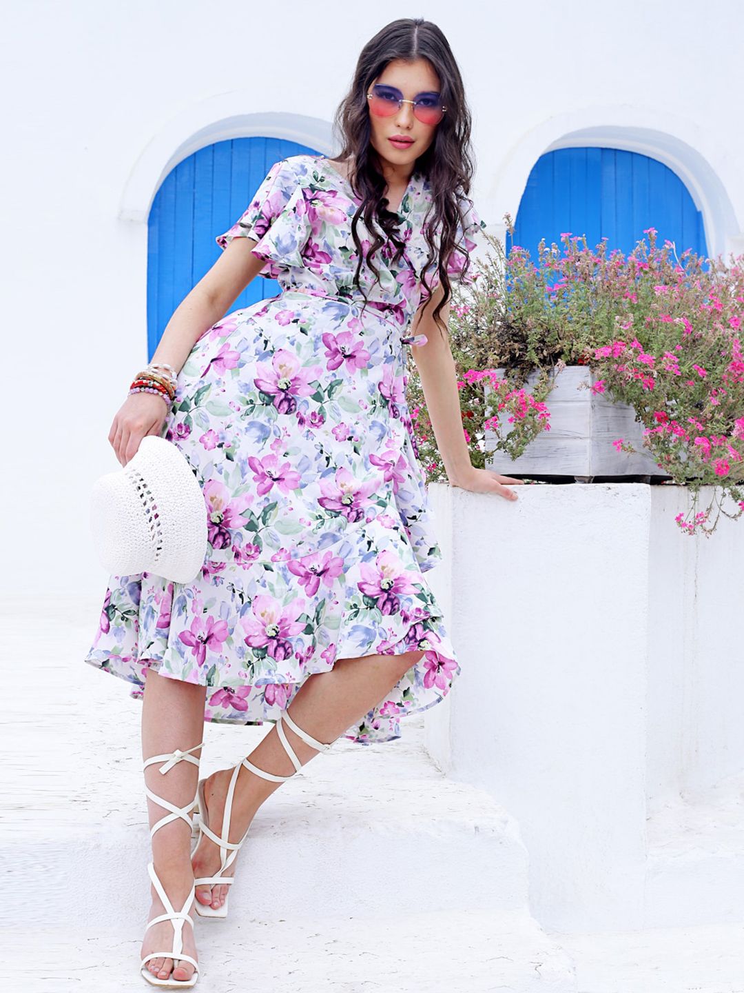 Sera V Neck Floral Print Flutter Sleeve Fit & Flare Midi Dress