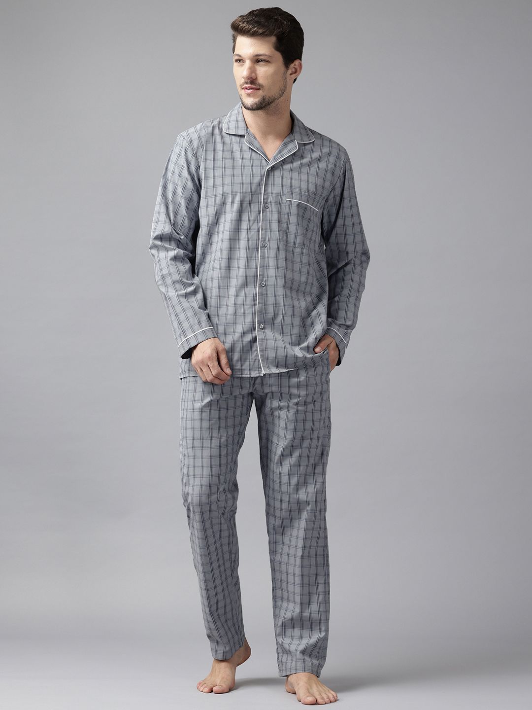 English Navy Checked Lapel Collar Relaxed Fit Night suit-image-32