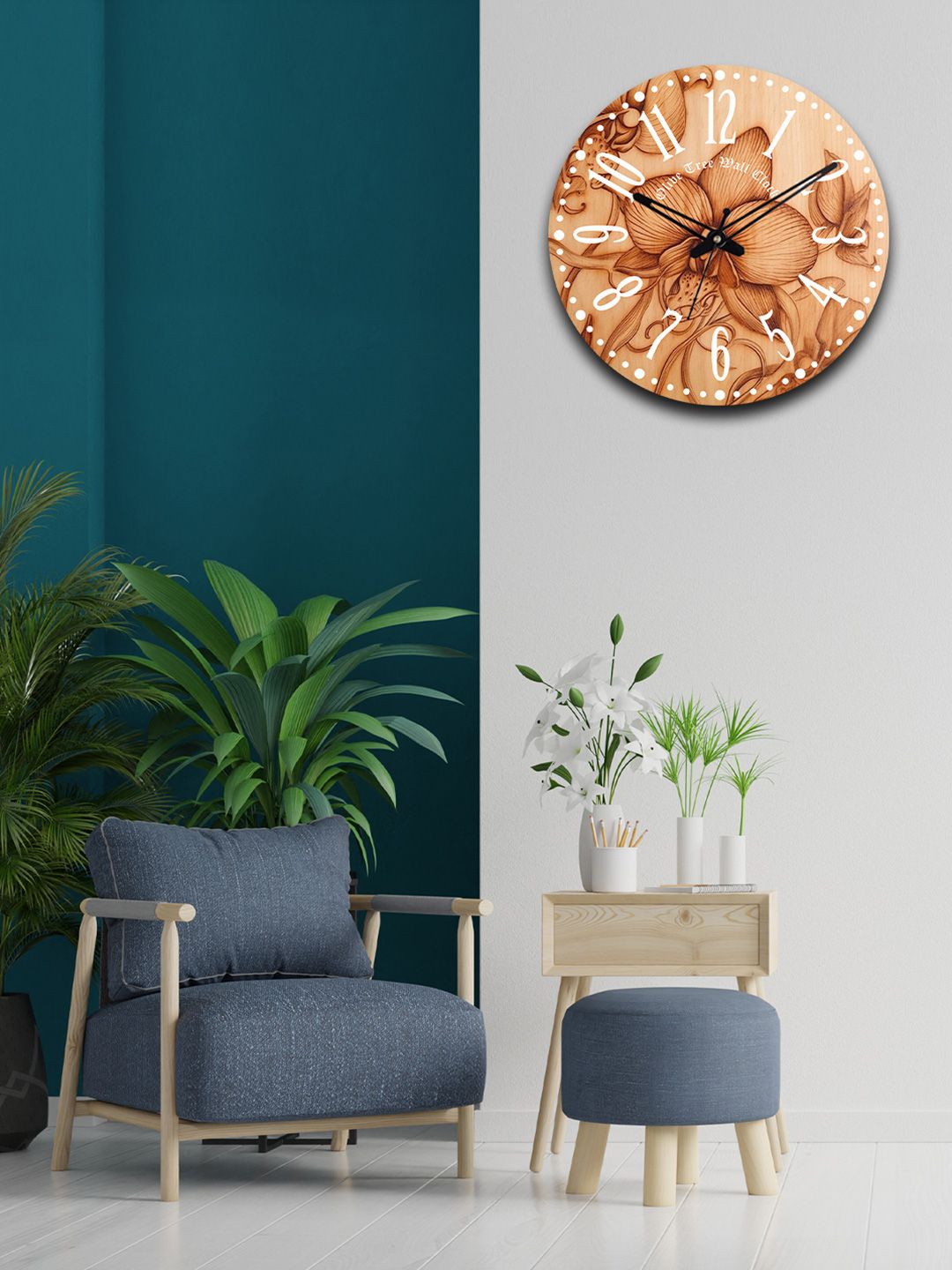 OLIVE TREE Brown & Beige Printed Wooden Round Shaped Contemporary Wall Clock-picture-23