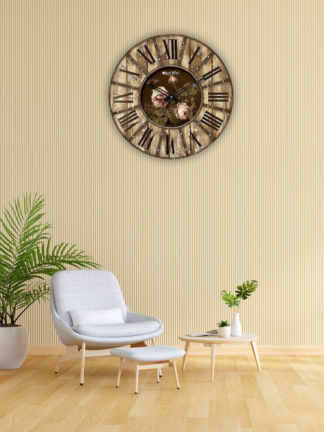 OLIVE TREE Brown & Beige Printed Wooden Round Shaped Contemporary Wall Clock-image-39