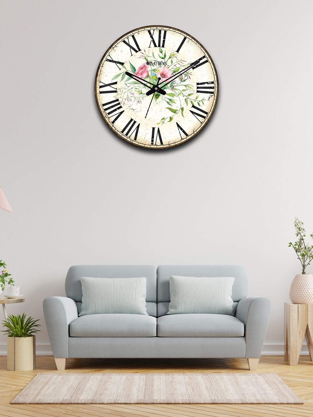 OLIVE TREE Cream-Coloured & Green Printed Wooden Round Shaped Contemporary Wall Clock-image-42