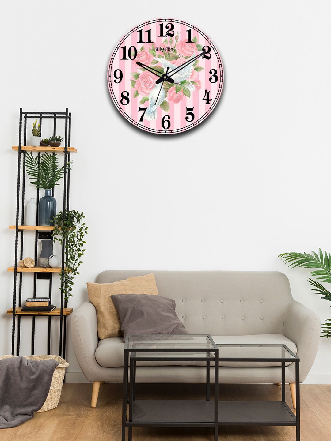 OLIVE TREE Pink & Green Printed Wooden Round Shaped Contemporary Wall Clock-picture-20