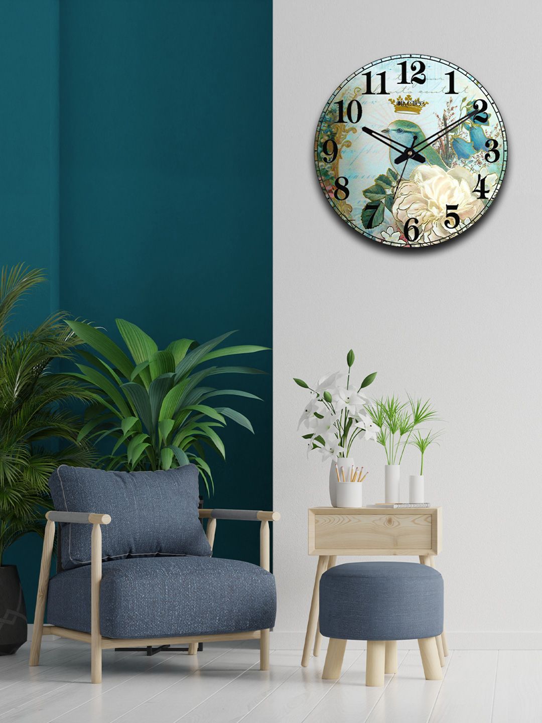 OLIVE TREE Blue & Beige Printed Wooden Round Shaped Contemporary Wall Clock-picture-23