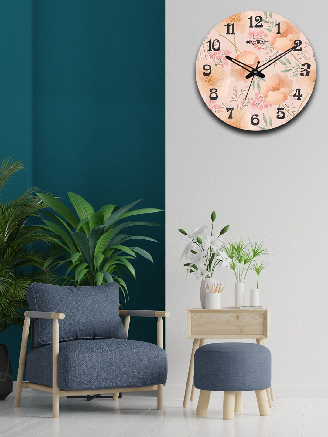 OLIVE TREE Beige & Yellow Printed Wooden Round Shaped Contemporary Wall Clock-image-37