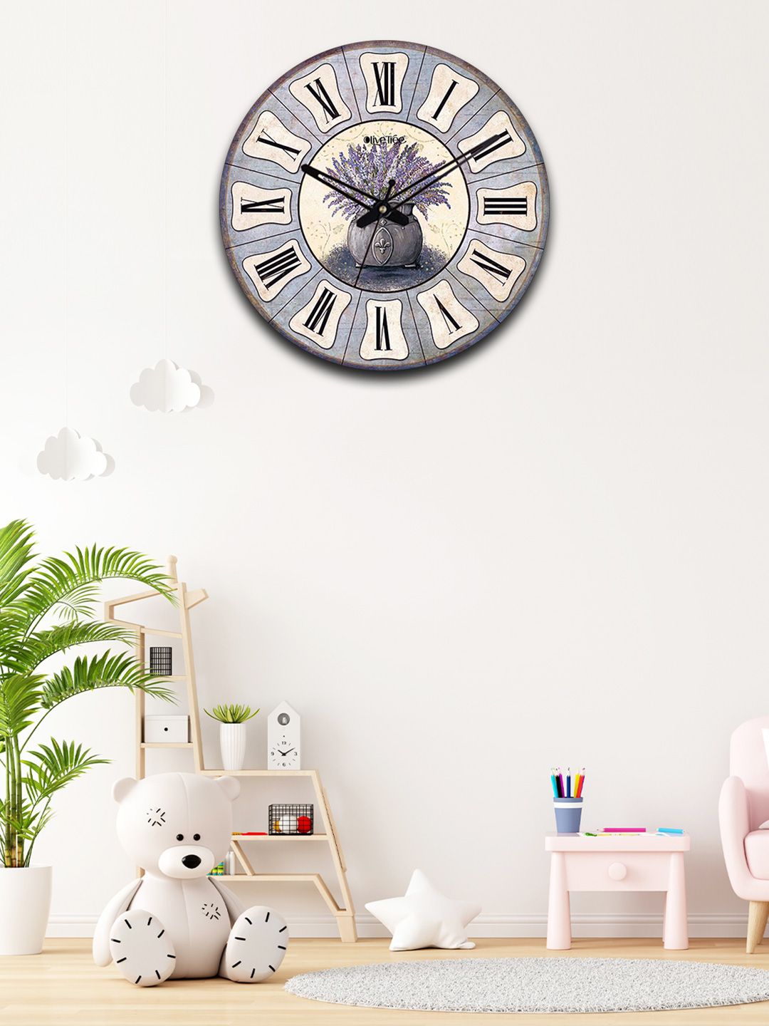 OLIVE TREE Purple & Beige Printed Wooden Round Shaped Contemporary Wall Clock-picture-30