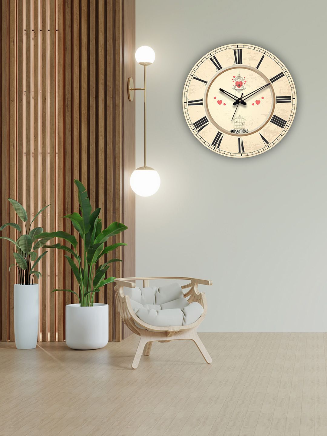 OLIVE TREE Beige & Red Printed Wooden Round Shaped Contemporary Wall Clock-picture-0